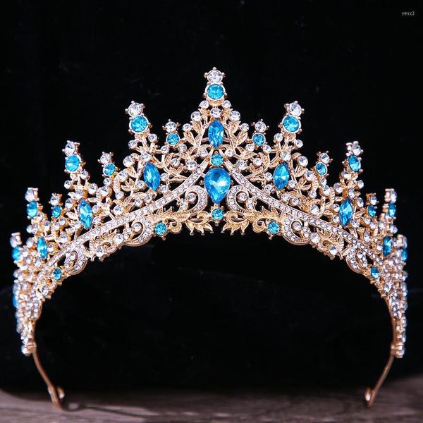 Fermagli per capelli Colore oro barocco Cristallo blu cielo Gioielli da sposa Corone da spettacolo Fascia per capelli con strass Diademi nuziali Ornamenti diadema