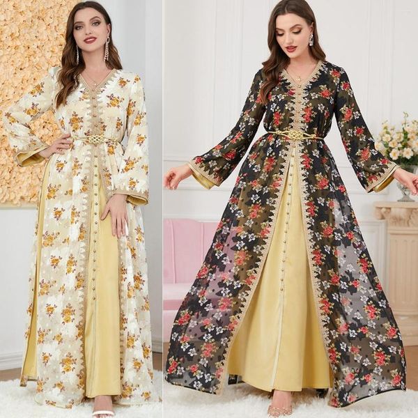 Abbigliamento etnico 2023 Stampa abiti abiti Abayas per donne Eleganti pezzi musulmani casual 2 set di ricamo floreale Guipure Lace Insert Belted Belted