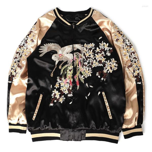 Jaqueta Feminina Sukajan Beisebol Bomber Jacket Masculino Feminino Satin Phoenix Bordado Yokosuka Casaco Em Ambos os Lados Spring Japanese Streetwear