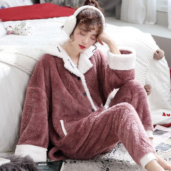 Kadın pijama Sonbahar Kış Kış Polar Sıcak Pijamalar Kore Ev Servisi İki Parçalı Gündelik Nightgown Flanel Pantolon Takım İşlemeli