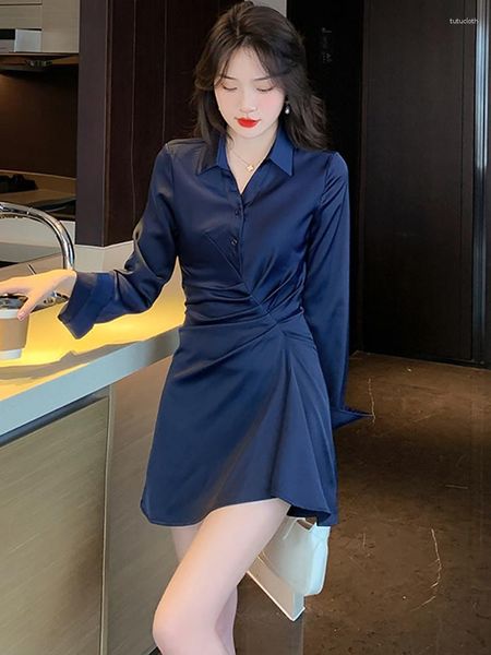 Casual Kleider 2023 Blau Satin Langarm Polo Kragen Mini Kleid Frauen Elegante Büro Dame Frühling Koreanische Vintage Bodycon Party