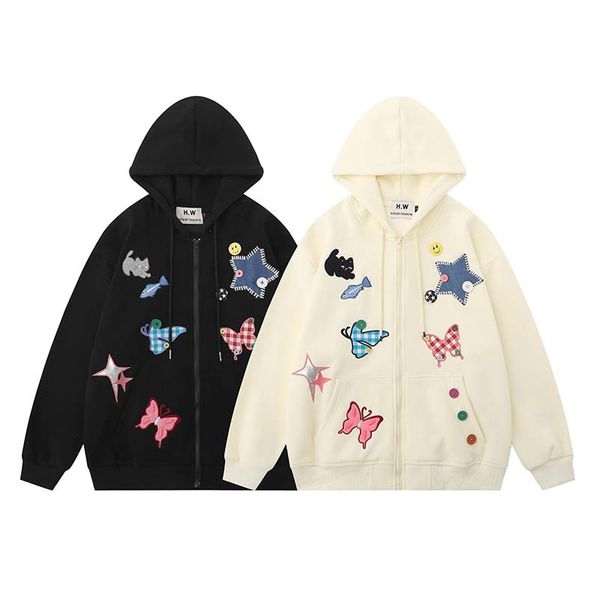 Cappotto con cappuccio Harajuku Streetwear Divertente ricamo Star Butterfly Cat Zipper Felpa con cappuccio Giacca Hip Hop Fashion Cappotti larghi
