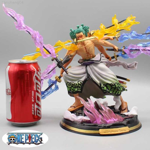 Anime Manga 25cm One Piece Roronoa Zoro Figura Gk Anime Estatueta Três Cabeças e Seis Braços Nove Facas Flow Ashura Zoro Pvc Estátua Modelo Brinquedos L230717