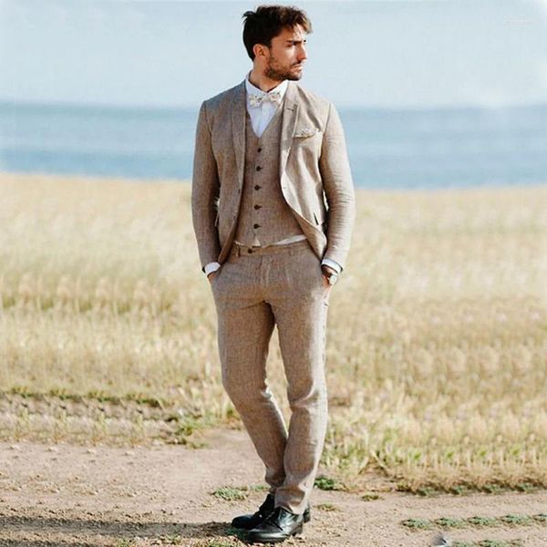 Abiti da uomo Eleganti da uomo Groomsmen da sposa 3 pezzi Beige Risvolto con intaglio Slim Fit Completo da uomo Giacca Gilet Pantaloni