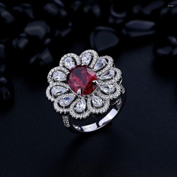 Cluster Ringe Luxus 9 12mm Rubin Blume Verlobungsring Frauen Schmuck 925 Sterling Silber Edelstein Hochzeitstag Geschenk