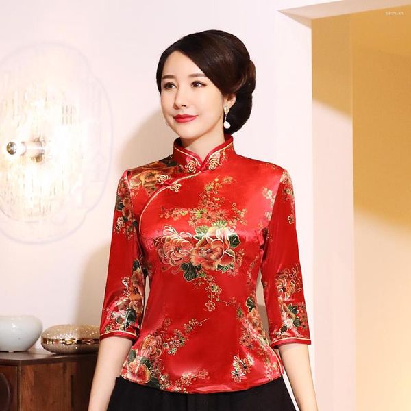 Ethnische Kleidung Vintage Bluse Samt Damen Orientalische Tops Retro Stehkragen Mantel Rotes Blumenhemd Traditioneller chinesischer Tang