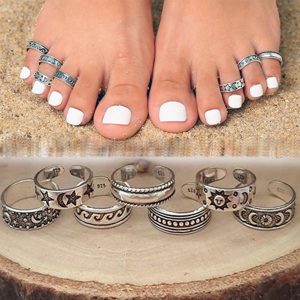 7pcs Retro Hollow Intagliato Star Moon Toe Rings Regolabile Anello dito di apertura per le donne Boho Beach Foot Ring Jewelry