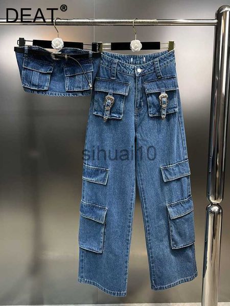 Zweiteilige Damenhose DEAT Fashion Belt Design Slim Short Strapless Damen High Waist Splice Pocket Loose Cargo Jeans Trend 2023 Frühling Neu 11XX0841 J230717