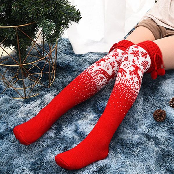 Женские носки Зимние бедра высокие чулки теплые вязаные рождественские припечатки лося над коленом для вечеринок