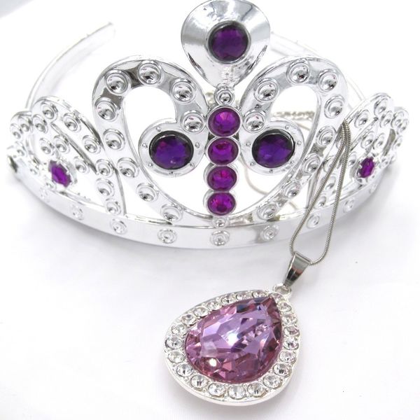 Conjuntos de joias de casamento crianças meninas princesa sofi o primeiro roxo lágrima amuleto cadeia colares tiara coroa conjunto de grampo de cabelo presente para criança 230717