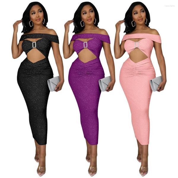 Abiti casual Elegante abito lungo con spalle scoperte per le donne Sexy cut-out senza maniche con spacco glitterato da sera aderente Club Party Robe Femme