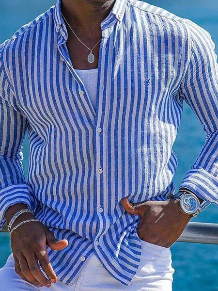 Camisa masculina Camisa de verão Camisa de praia Camisa de praia Rosa Azul Cáqui Manga comprida Listrada Lapela Primavera Verão Havaiana Roupas de férias Impressão de vestuário