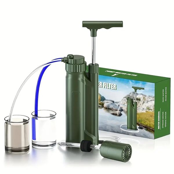 1pc All'aperto Campeggio Avventura Sopravvivenza Pompa a pressione manuale Filtro Depuratore d'acqua, Filtro acqua multistrato Strumento portatile di sopravvivenza di emergenza