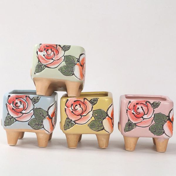 Fioriere Coreano Ins Dipinto a mano Fiorellino Succulente Vaso da fiori in ceramica Creativo Bacino quadrato per pollice con piedi Decorazioni per la casa Giardinaggio
