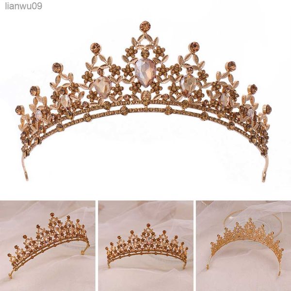 Tiaras de Ouro Coroa Acessórios de Cabelo para Casamento Faixas de Cabelo de Cristal Dourado Meninas Cocar de Festa de Noiva Princesa Jóias L230704