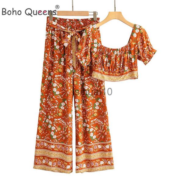 Zweiteilige Damen-Hosen, Boho-Königinnen, zweiteilige Outfits für Damen, quadratischer Kragen, Oberteile, böhmische elastische Taille, lange Hosen, 2-teilige Rayon-Baumwolle, Boho-Sets, J230717