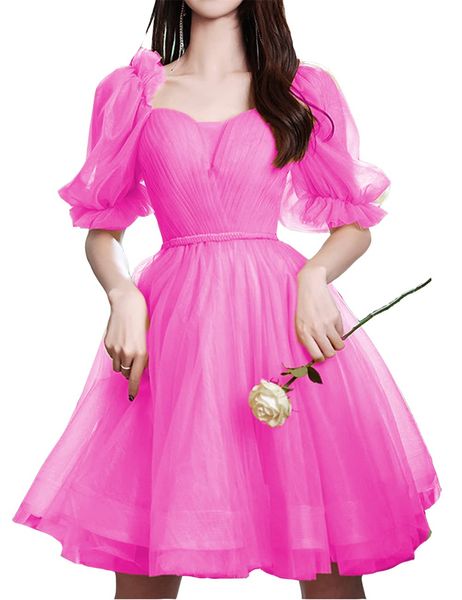 Vestidos Curtos de Boas-Vindas Meia Manga Faixas Quadradas Pregas com Renda Tule Vestidos de Festa Linha A Princesa Plus Size Mini Aniversário Formatura Coquetel Vestidos de Festa 69