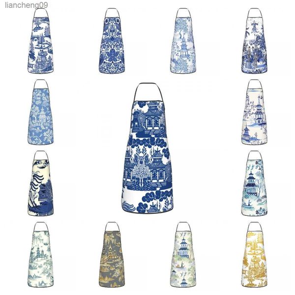 Azul Salgueiro Chinoiserie Azul e Branco Porcelana Inspiração Avental para Mulheres Masculinas Bib Unissex Cozinha Cozinha Tablier Cuisine Chef L230620