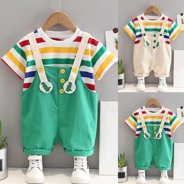 Conjuntos de roupas Camiseta listrada de manga curta com decote redondo Bonito macacão de desenhos animados Moda Terno infantil