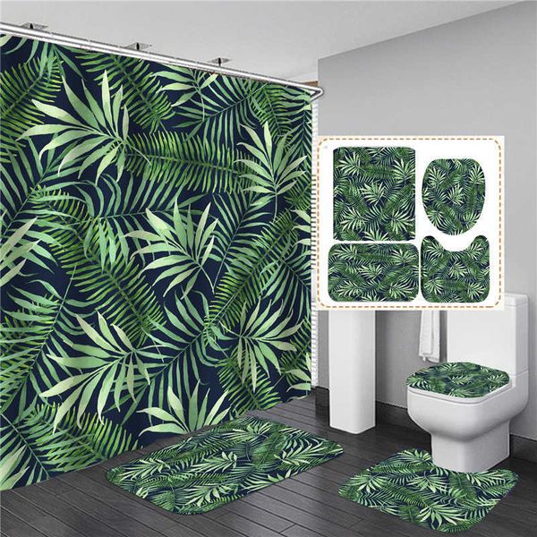 Conjunto de cortina de chuveiro para banheiro, preto e dourado, folha de planta tropical, para banheira, folhas exóticas, tapetes de banho