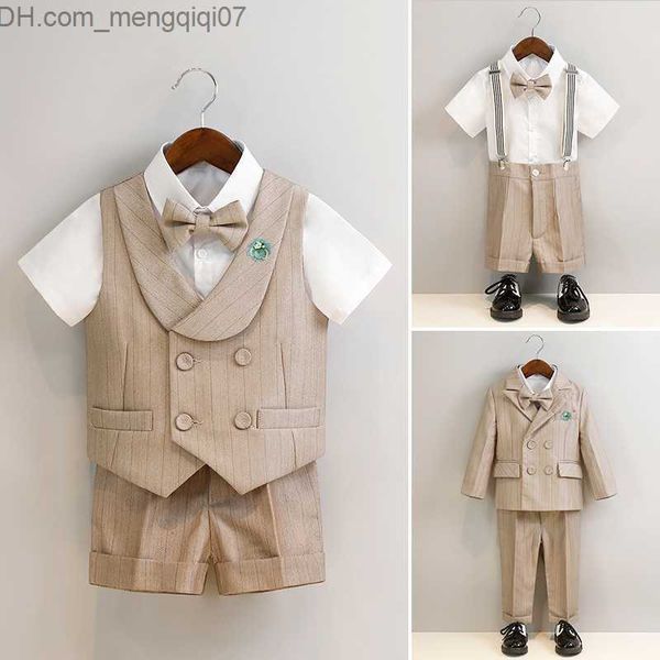 Bekleidungssets Khaki-gestreifter Anzug für Jungen, Frühling, Sommer, Klavier, Host-Auftritt, Hochzeitsfeier, Kleid für Kinder, Jacke, Hose, Schleife, Stoff Z230717