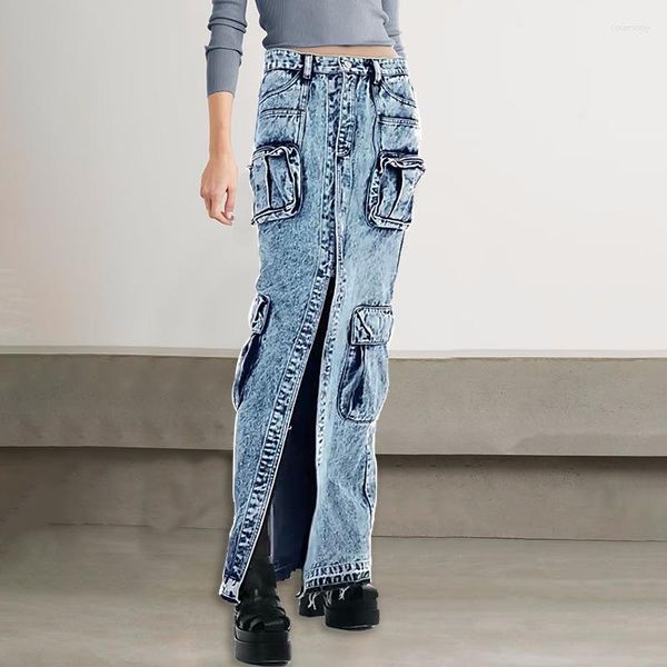 Gonne Personalità Street Style Gonna di jeans Moda donna 2023 Primavera Pannello a vita alta Tasca vecchia Abito lungo Fit Fondo sottile