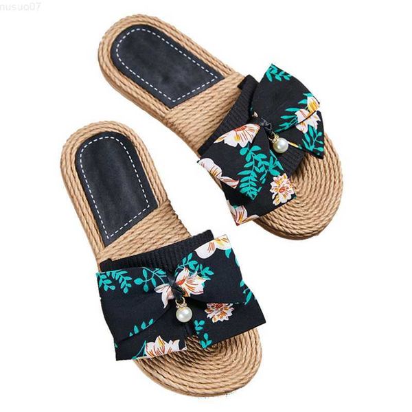 Chinelos Verão Linho Flor Planta Laço Chinelos Feminino Casual Slides Multiestilo Antiderrapante Chinelos para Casa Sapatos de Interior Feminino Sandálias hy443 L230717