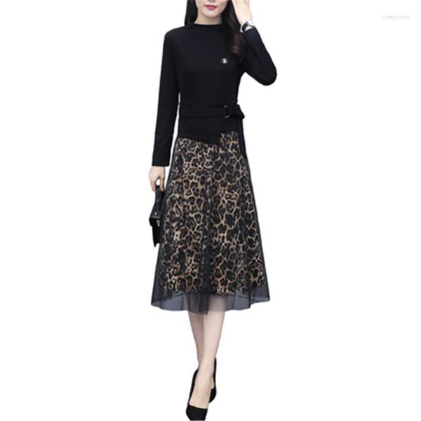 Повседневные платья 2023 Осеннее вязаное платье Женщины Слим-леопардовый сетчатый сетка