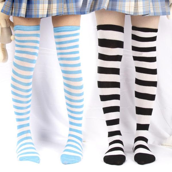 Frauen Socken Sexy lange Overknee Oberschenkel Strümpfe japanische schwarz weiß gestreift Damen Mädchen Kawaii Lolita Anime Baumwolle warme Strumpf