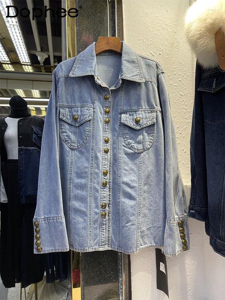 Frauen Blusen Lose Denim Hemd Mantel 2023 Frühen Herbst Tops Modische Polo Kragen Blau Mit Langen Ärmeln Bluse Jacke