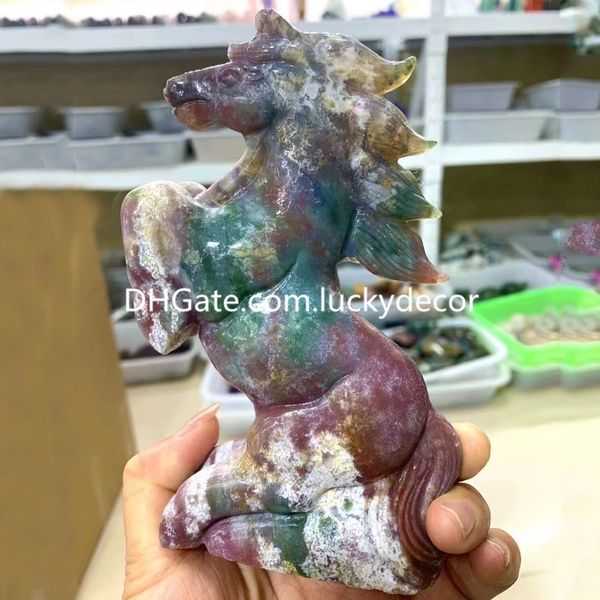 Oceano naturale Jasper Horse Statua Decorazioni per la casa Bellezza Cristallo di quarzo colorato Pietra preziosa Roccia scolpita e lucidata Armonia Scultura animale Campione di minerali Bei regali