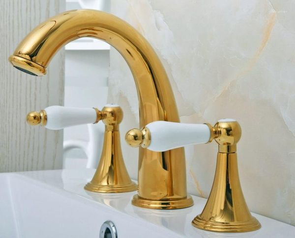 Torneiras para pias de banheiro montadas no convés 3 furos para banheira torneira misturadora cor dourada latão polido ampla torneira de lavatório com 2 alças Agf022