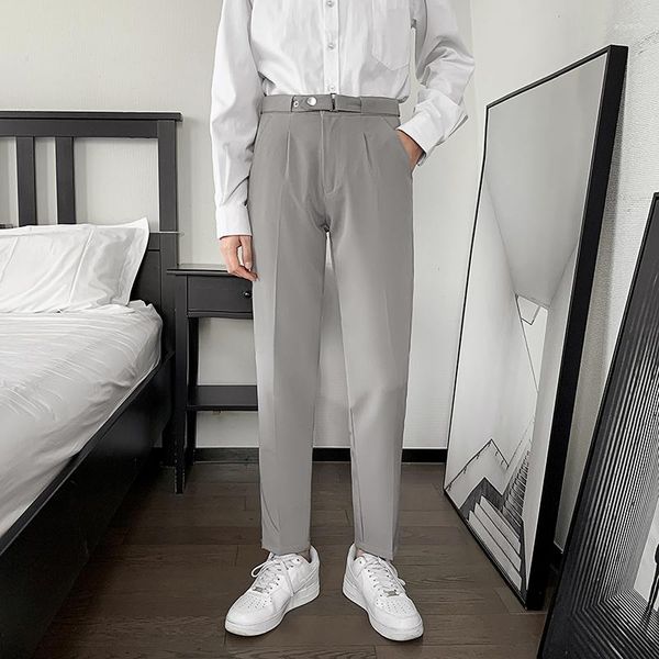 Pantaloni da uomo stile coreano alla moda alla caviglia abito da uomo a vita alta solido kaki nero grigio pantaloni regolabili dritti casuali