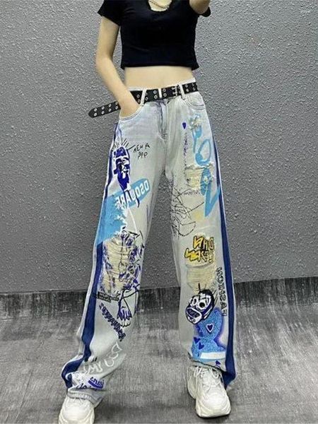 Jeans Feminino Cool Hip Hop Graffiti Girl Punk Harm Pants Spring Femme Cintura Alta Denim Baggy Y2K Outono Harajuku Feminino