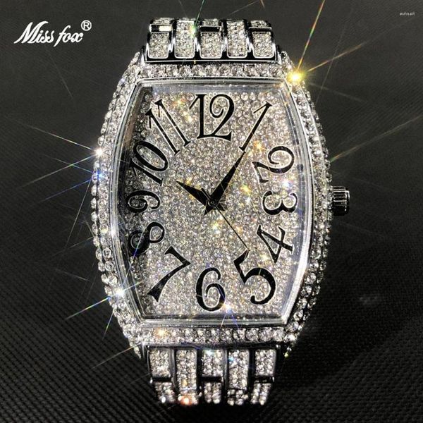 Orologi da polso 2023 Fashion MISSFOX Hip-Hop Bucket Orologio da uomo Luxury Silver Quartz Full Diamond Orologio impermeabile Relocao Masculino