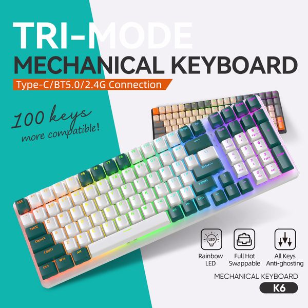 Teclados K6 Teclado Mecânico Sem Fio 5.0 BT 2.4 Ghz Com Fio Três Modos Perfil Bluetooth Teclado Gamer 100 Teclas Keycaps Pc Gamer 230715