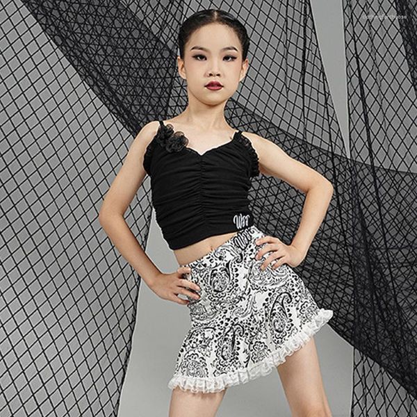 Stage Wear Summer Girls Costume da ballo latino Flower Top Vest Gonna in pizzo Kids Practice Dress Cha Rumba Performace DNV18228