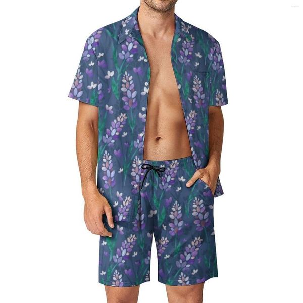 Herren-Trainingsanzüge, Lavender Fields, Herren-Sets, lila Blumendruck, hawaiianisches Freizeithemd-Set, Kurzarm-Design, Shorts, Sommer-Urlaubsanzug, groß