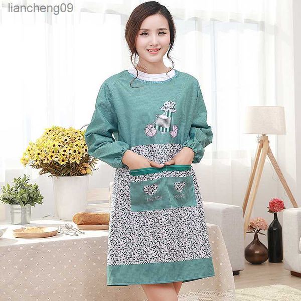 Versão coreana impressão avental de cozinha feminino adulto babador manga comprida avental de cozinha cozimento em casa cafeteria ferramentas de limpeza l230620