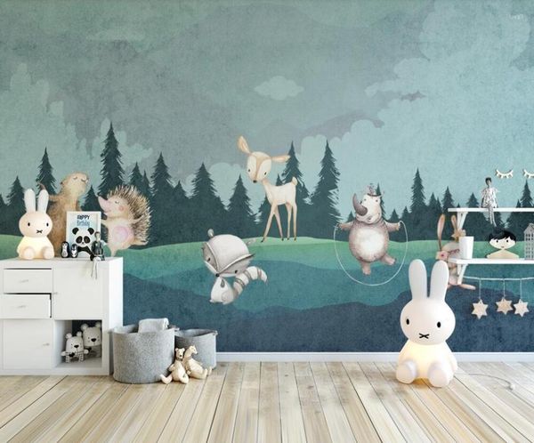 Papéis de parede Bacal Custom 3D Wallpaper Mural Nordic Painted Hand-painted Forest Cartoon Animal Background Wall Bedroom Decoration Beauty Po