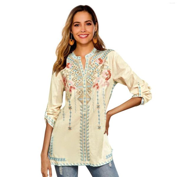 Damesblouses Lente Zomer Geborduurd damesshirt Lange blouse Boheemse stijl katoenen vrouwelijke top