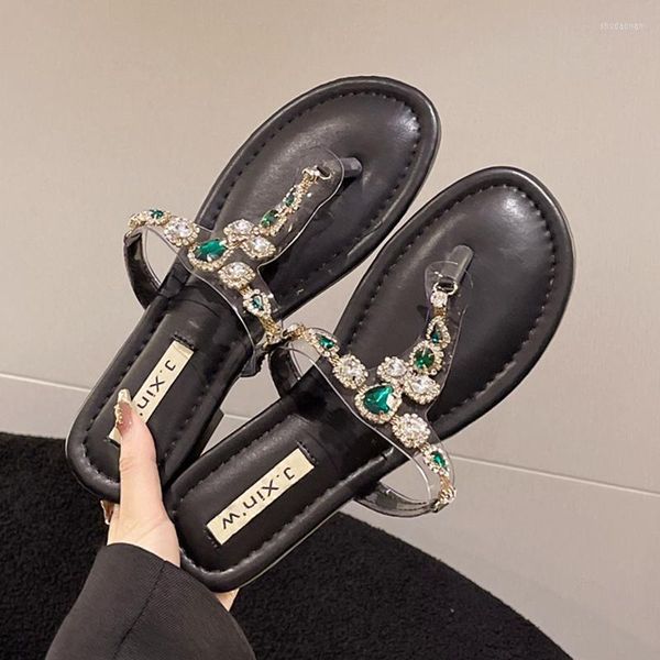 Chinelos Verão Mulher Sandálias Boho Clip Toe Sapatos de Cristal Transparente PVC Frisado Plana Feminina Bohimia Chinelos de Praia