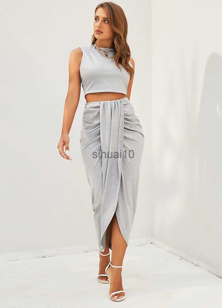 ZAFUL Damen Zweiteilige Hose, 2-teiliges Kleid-Set, sexy, ärmellos, Crop-Tank, Seitenschlitz, Twist-Rock, figurbetont, Maxi-Kleider, Sommer, J230717