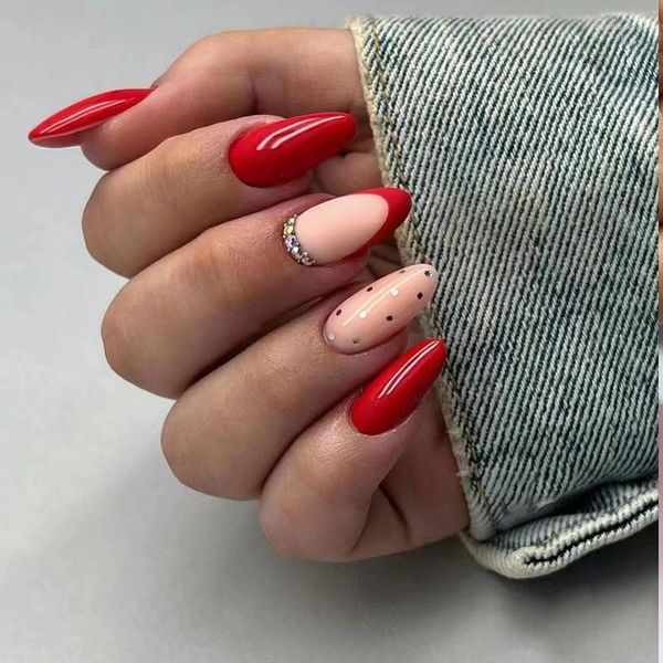 Unhas postiças 24 pçs Point Press On Red French com design de cristal para meninas e mulheres vestíveis Pontas de unhas artificiais