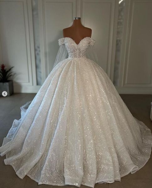 Princesa brilhante vestido de baile vestidos de noiva com véu Gillter lantejoulas frisado fora do ombro Vorset robes de mariees 2023 luxo