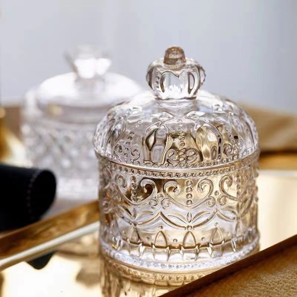 Storage Bottles Jars Vintage Crystal Glass Crown Sugar Jar Decorative Stamp Cake Top Jewelry Organizer Tassels Canister Glassware Ornament 230717