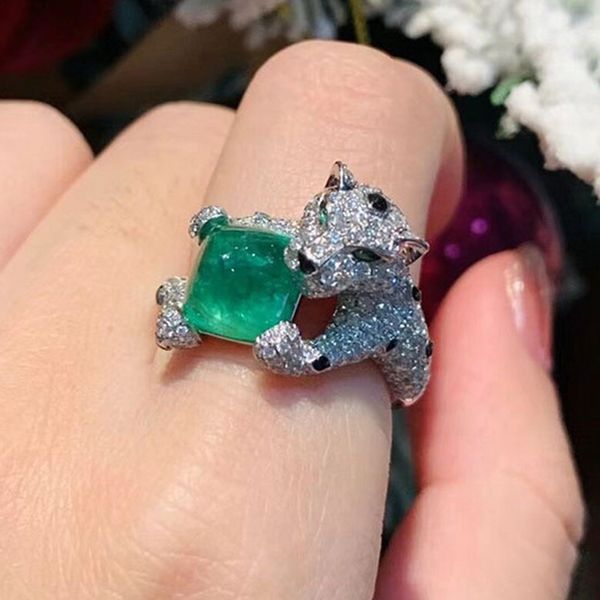 Fedi nuziali Luxury Emerald Green Agate Zircon Leopard Rings Animal Panther Ring con Stone Misura regolabile per le donne Gioielli per feste in rame 230717