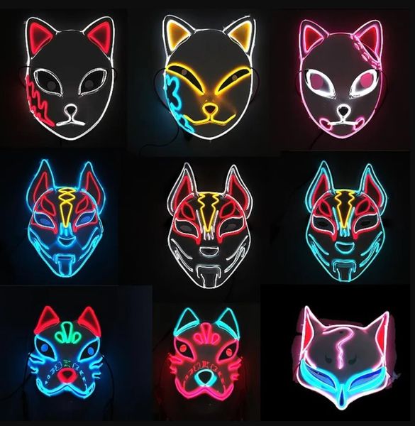 Neue Dämonentöter leuchtende EL-Draht-Maske, Kimetsu No Yaiba-Charaktere, Cosplay-Kostüm-Zubehör, Party-Geschenk, japanische Anime-Fuchs-Halloween-LED-Maske