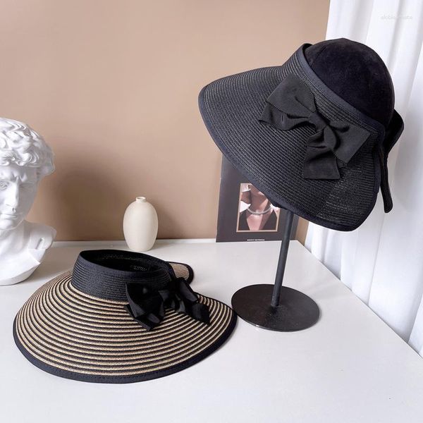 Cappelli a tesa larga Paglia per donna Visiera Cappello a cilindro vuoto Protezione solare estiva da donna Pendolare Fiocco da sole Cappellino da equitazione elastico posteriore