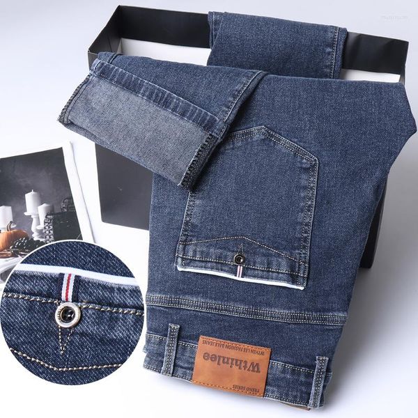 Jeans masculino outono e inverno calças grossas coreanas slim fit elásticas retas jeans primavera masculina calças clássicas de marca